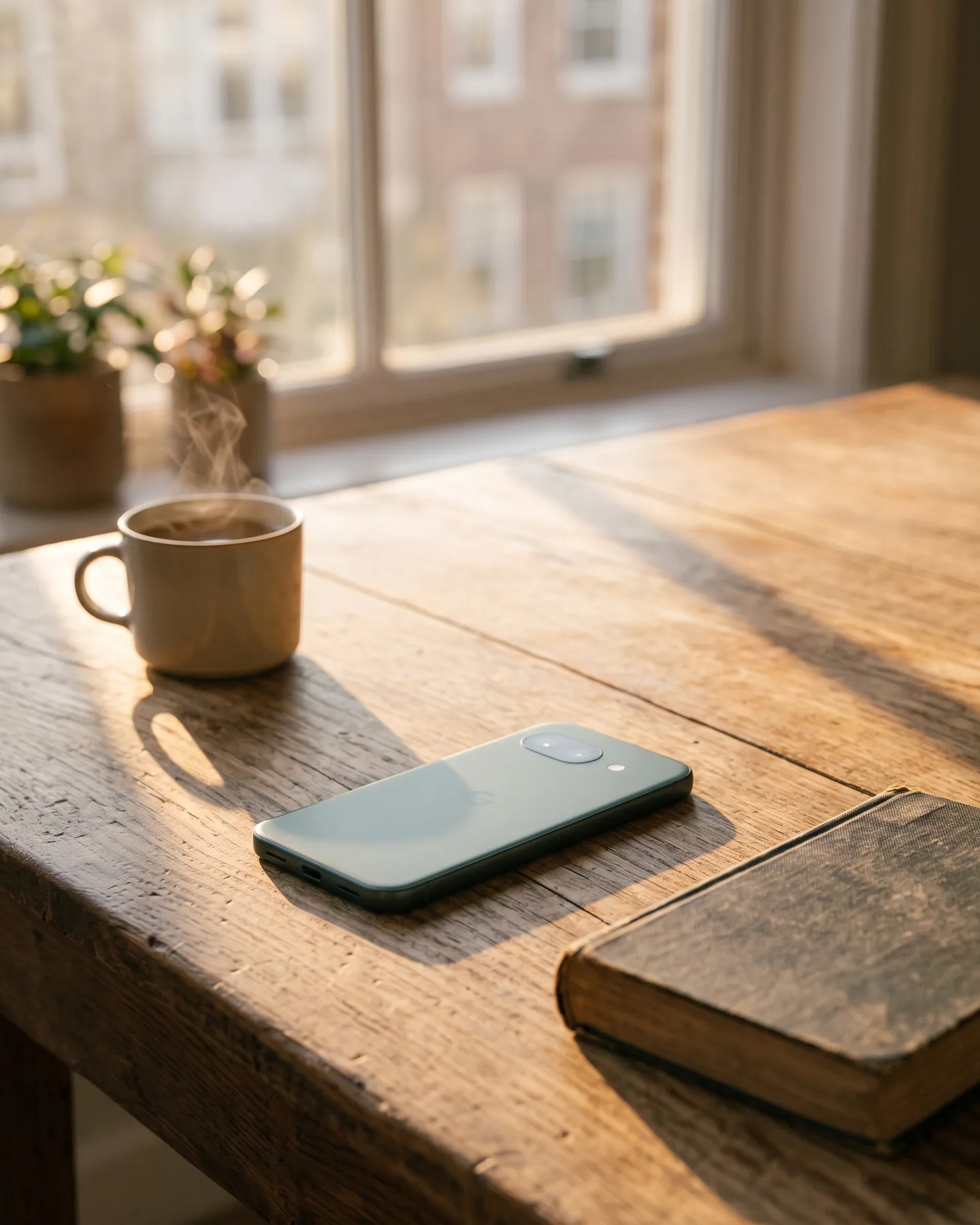 A phone lying face down on a wooden kitchen table in evening light, beside a mug of tea and a closed book.