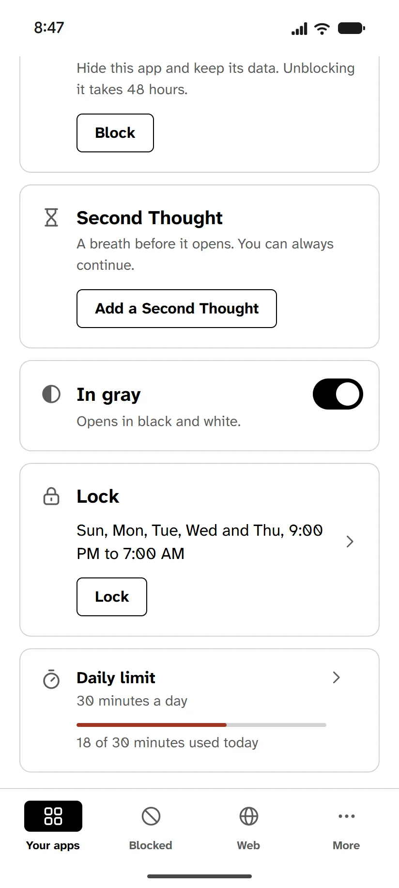 An app's page in the Finite Phone app, at its Lock card: a schedule, Sunday to Thursday from 9:00 PM to 7:00 AM, and a Lock button.