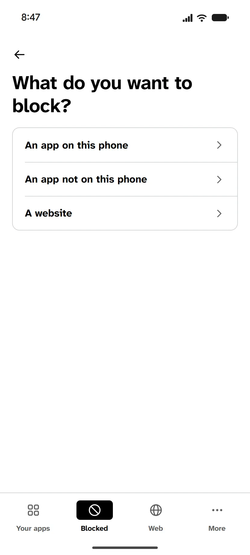 Blocking in the Finite Phone app. It asks what you want to block: an app on this phone, an app not on this phone, or a website.