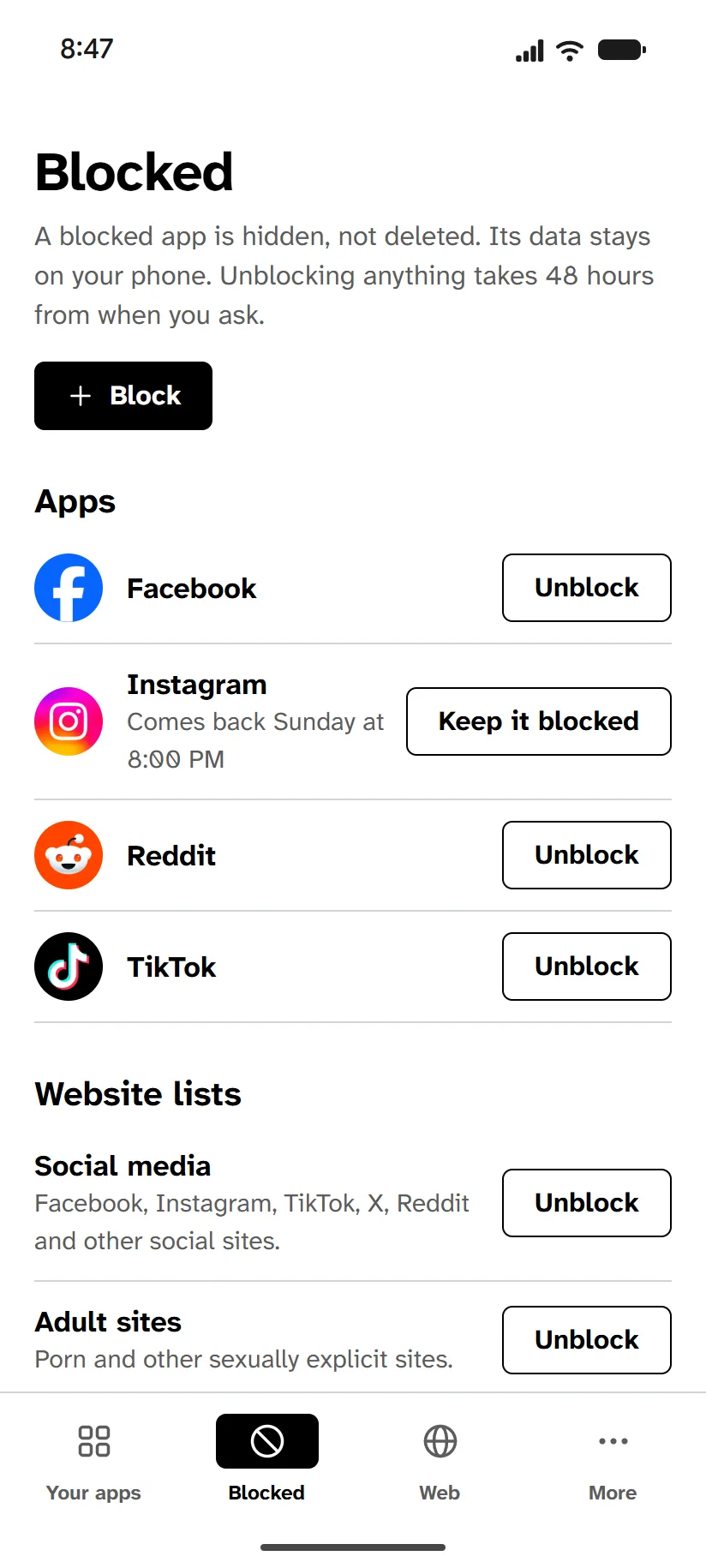 The Blocked tab in the Finite Phone app. Four apps are blocked. Instagram was asked to unblock and comes back Sunday at 8:00 PM, with a Keep it blocked button.