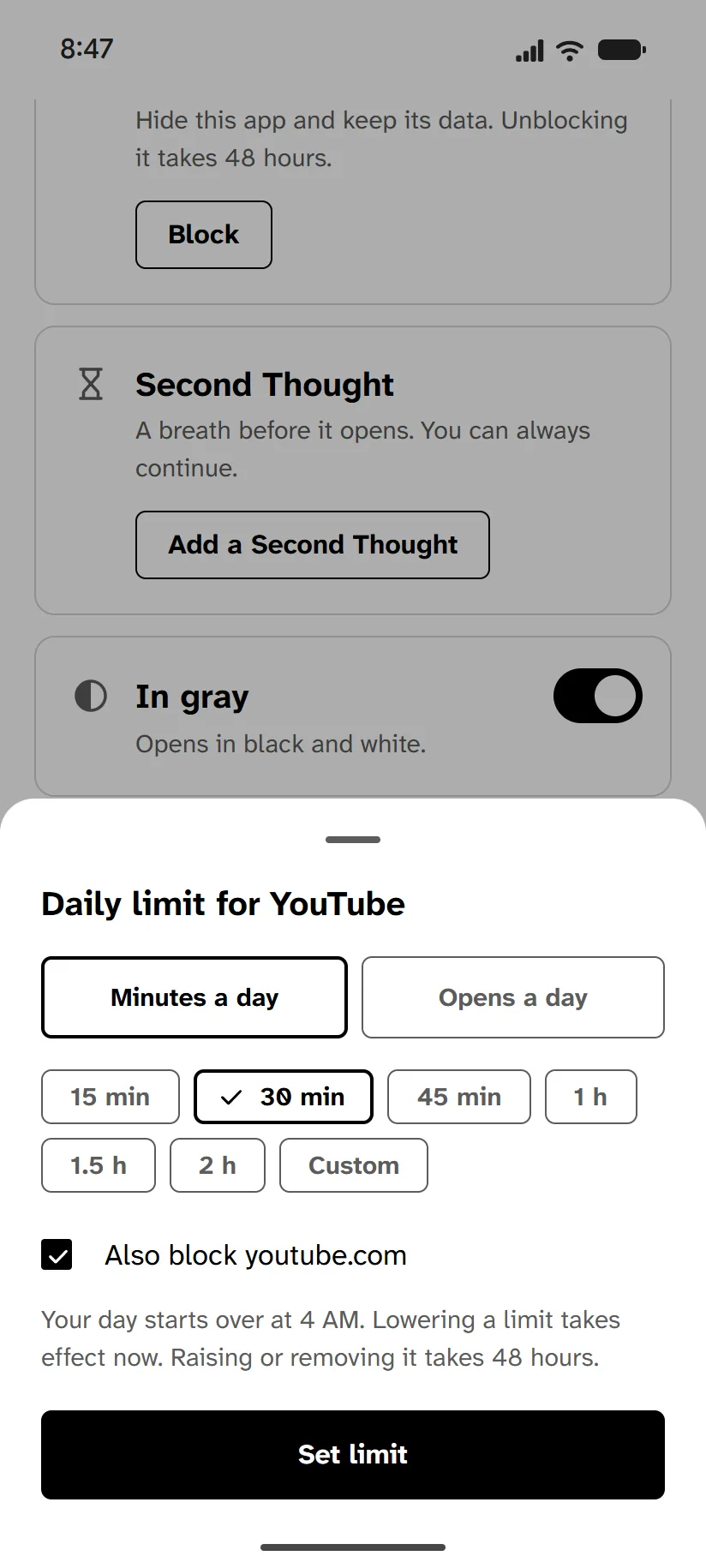 The Daily limit sheet for YouTube, set to 30 minutes a day. A line says the day starts over at 4 AM.