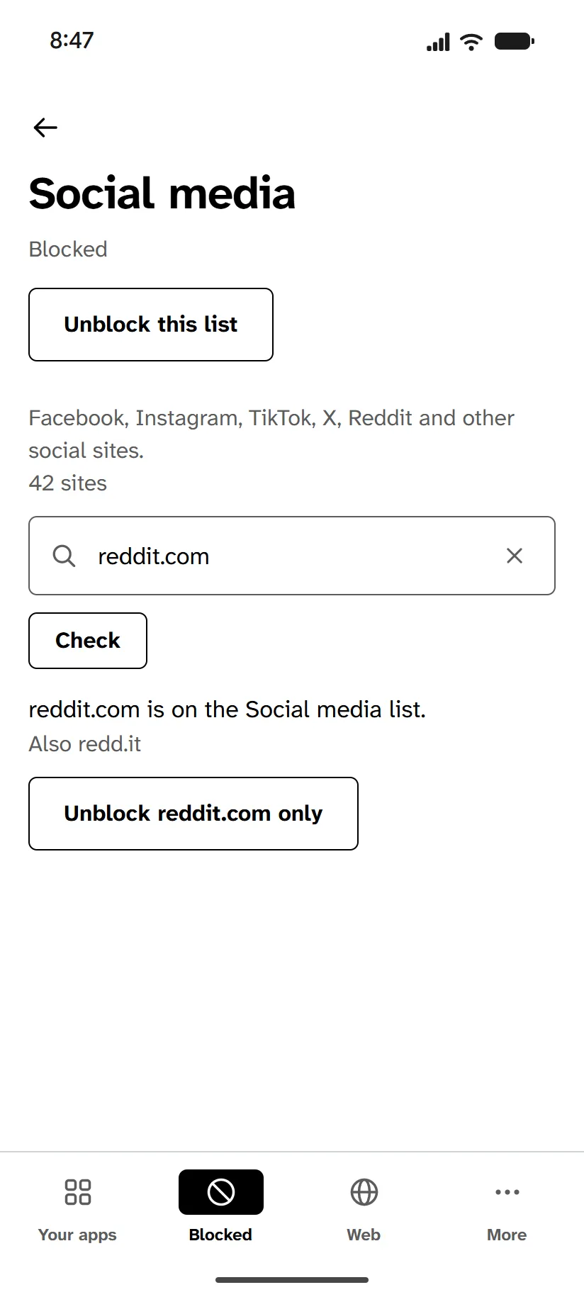 The Social media list in the Finite Phone app. Its box says reddit.com is on the list.